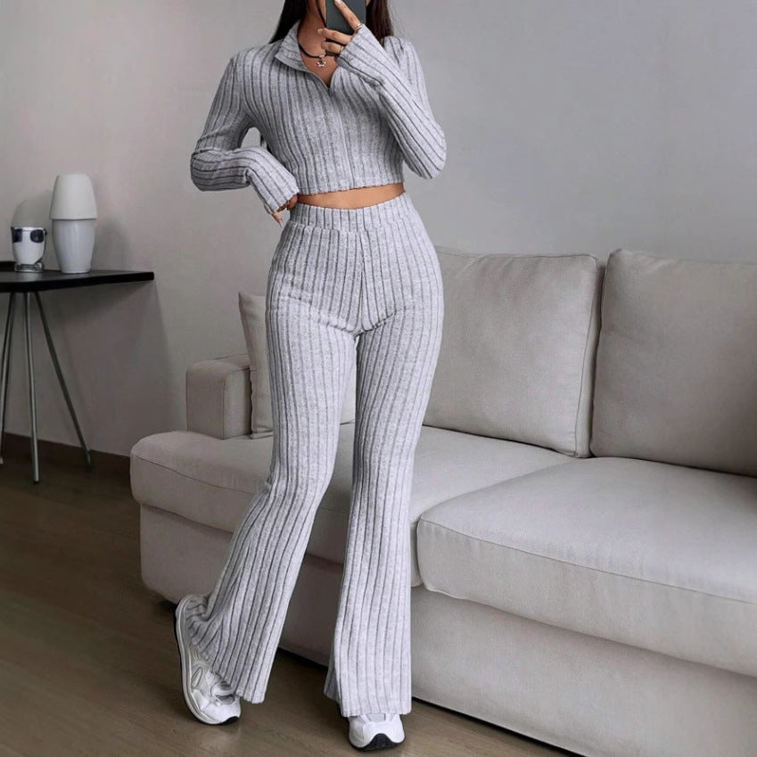 Women's Ribbed Zip-Up Crop Top Flare Pants Two Piece Set