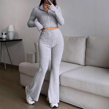 Women's Ribbed Zip-Up Crop Top Flare Pants Two Piece Set