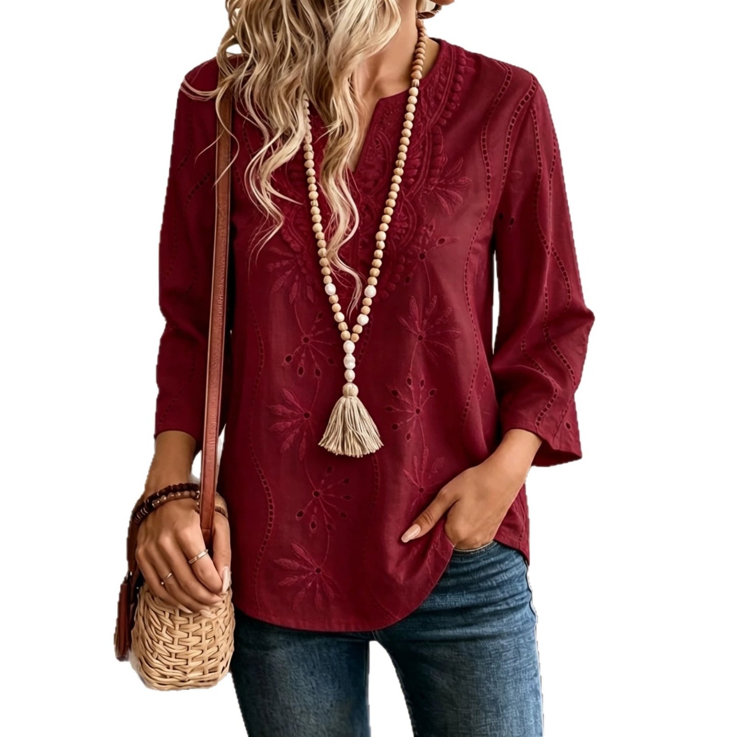 Women's Embroidered Eyelet V-Neck Bell Sleeve Blouse