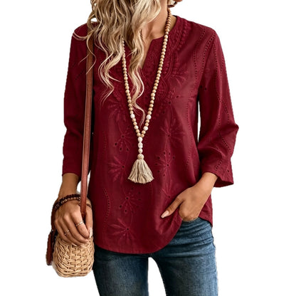 Women's Embroidered Eyelet V-Neck Bell Sleeve Blouse
