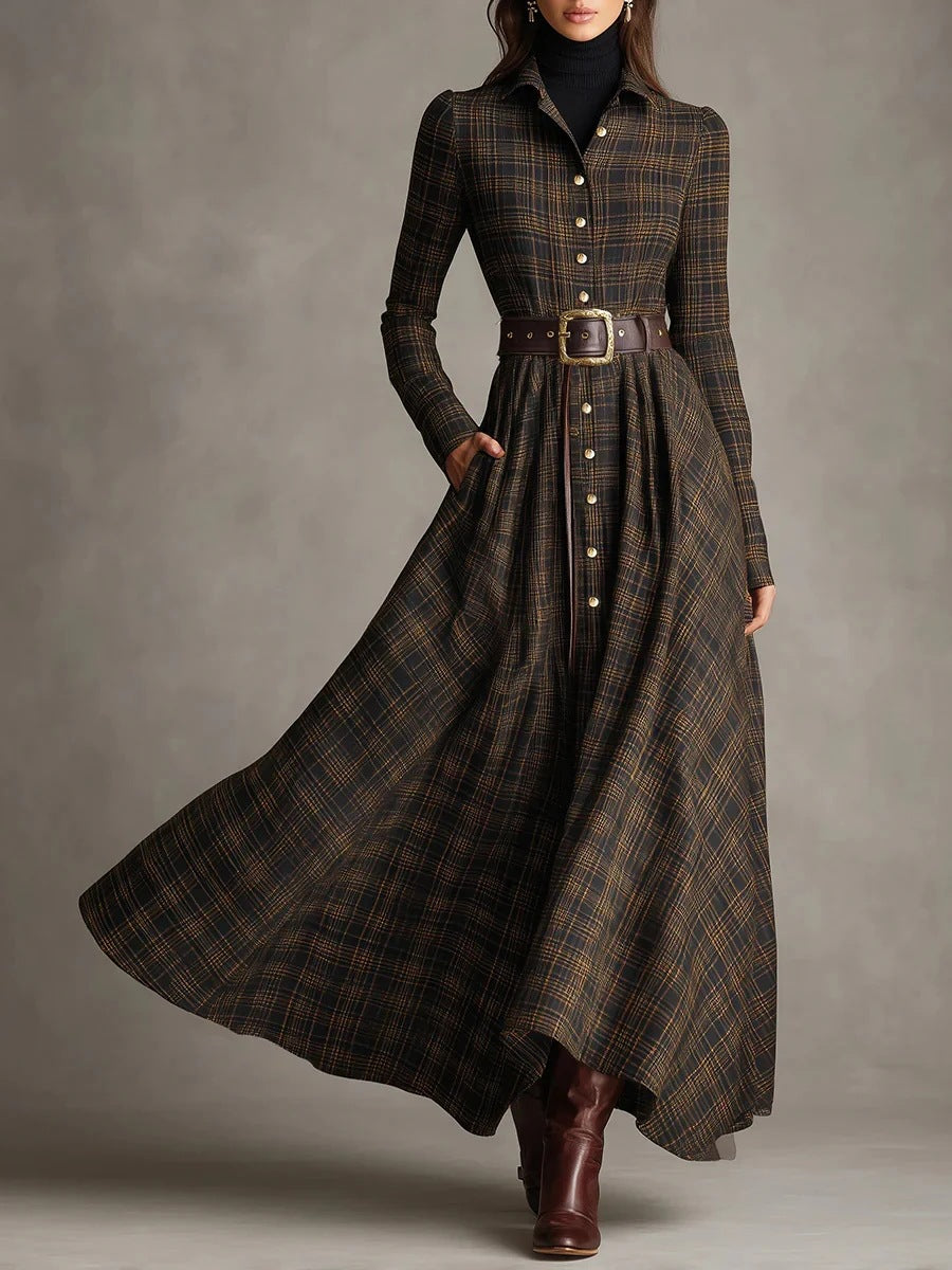 Belted Plaid Long Sleeve Maxi Shirt Dress