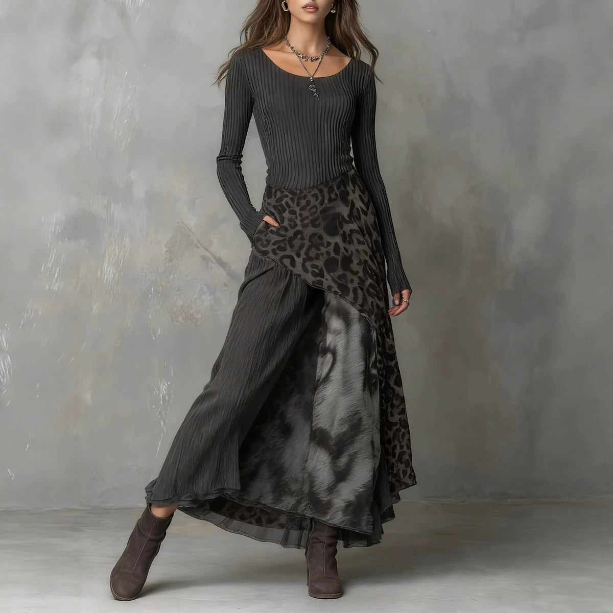 Ribbed Leopard Maxi Dress Long Sleeve High Waist Asymmetric