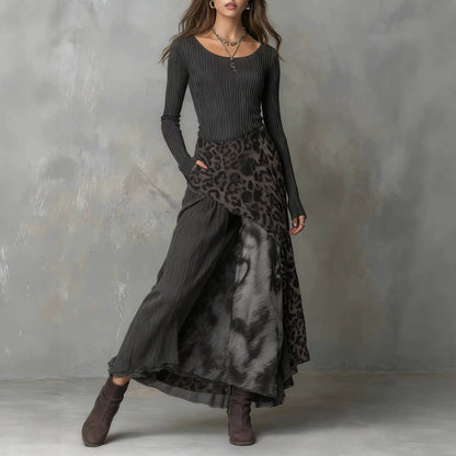 Ribbed Leopard Maxi Dress Long Sleeve High Waist Asymmetric