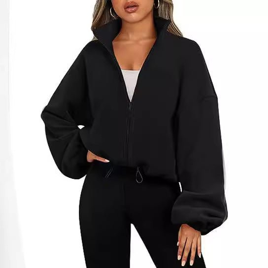 Womens Oversized Fleece Zip Up Jacket Stand Collar Cropped