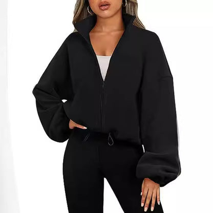 Women's Oversized Fleece Zip Up Jacket Stand Collar