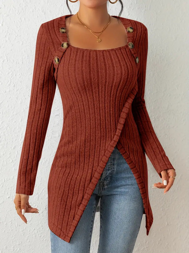 Square Neck Ribbed Button Detail Asymmetric Tunic Sweater
