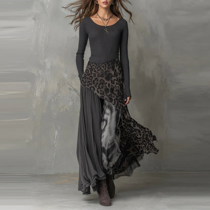 Leopard Print Maxi Dress Long Sleeve Asymmetrical Flowy
