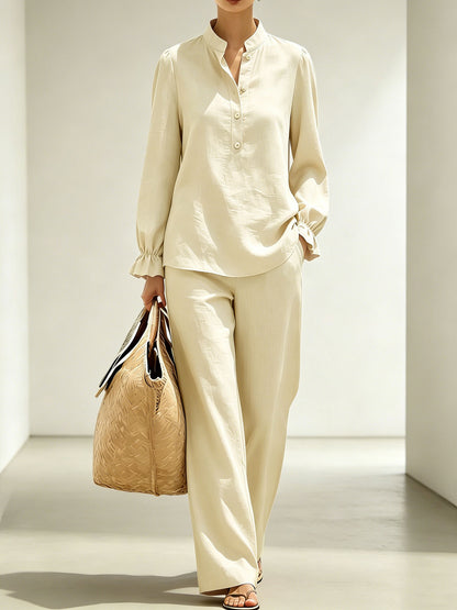 Women Puff Sleeve Blouse Wide Leg Pants Two Piece Set