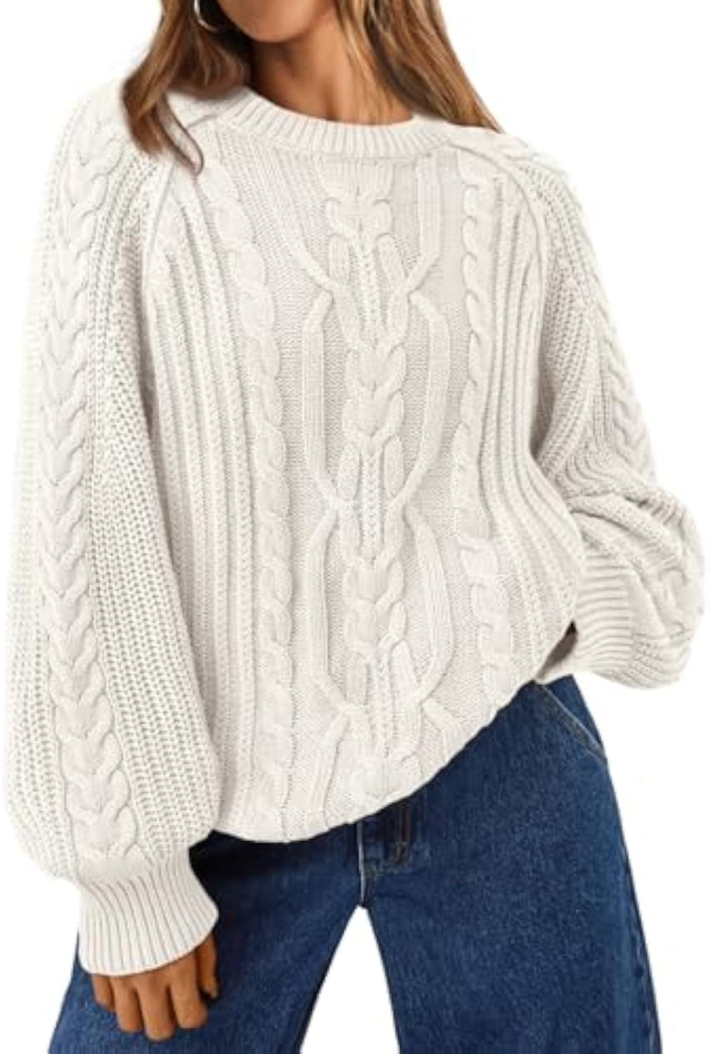 Women's Oversized Cable Knit Crew Neck Pullover Sweater
