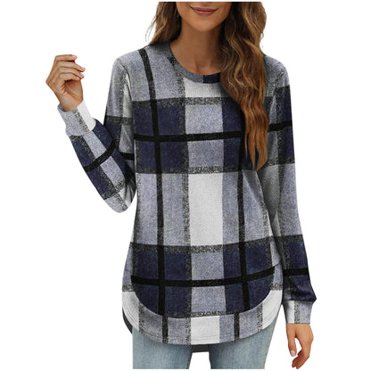 Women's Oversized Plaid Long Sleeve Tunic Top Curved Hem