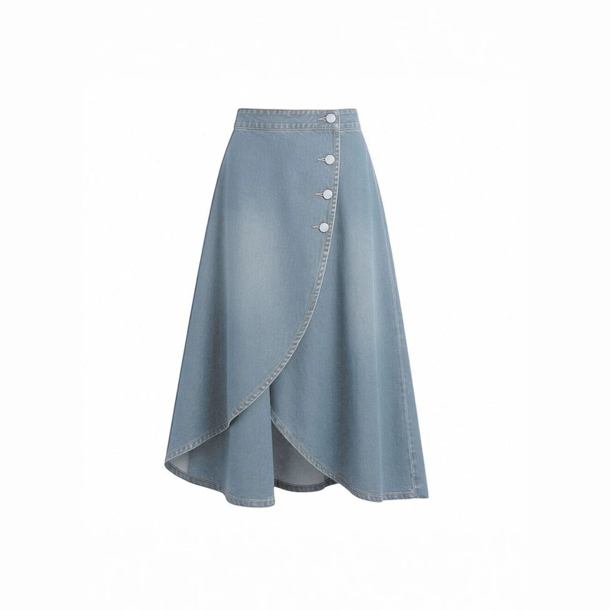 High Waist Button Front Asymmetric Denim Maxi Skirt
