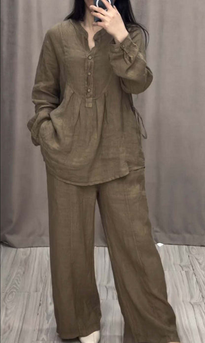 Women's Linen Matching Set Wide Leg Pants Button Up