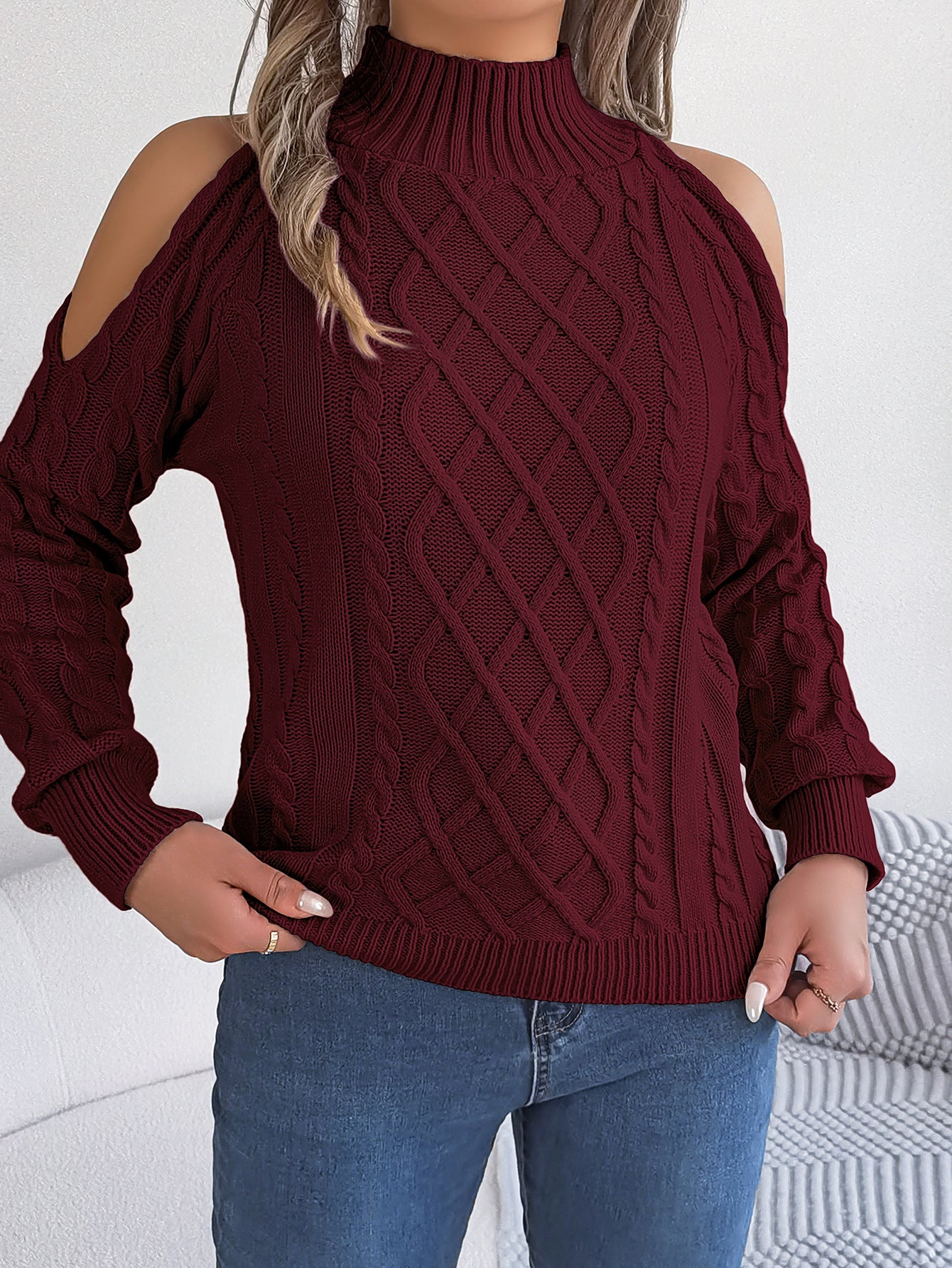 2025 Fall Winter Off-Shoulder Cable Knit Turtleneck Sweater