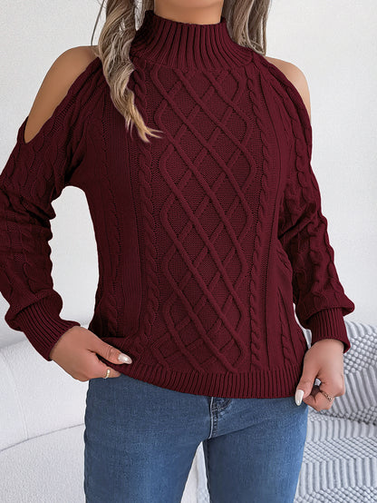 2025 Fall Winter Off-Shoulder Cable Knit Turtleneck Sweater