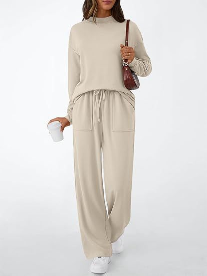 Women's Matching Lounge Set Mock Neck Wide Leg Pocket Pants