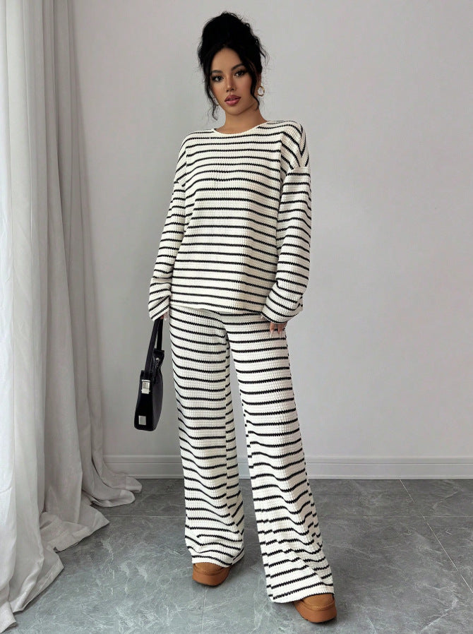 Stripe Knit Lounge Set Crew Neck Top and Wide Leg Pants