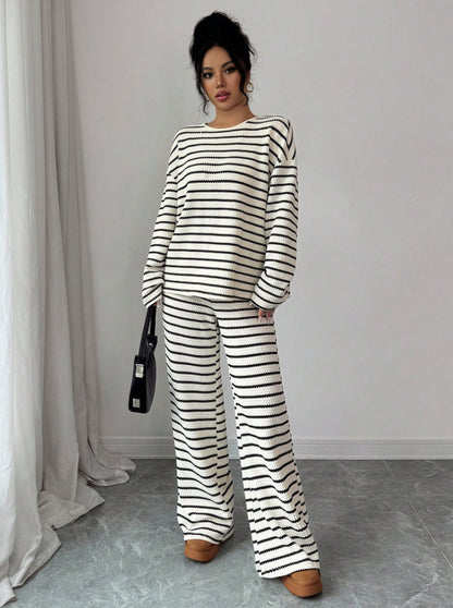 Stripe Knit Lounge Set Crew Neck Top and Wide Leg Pants