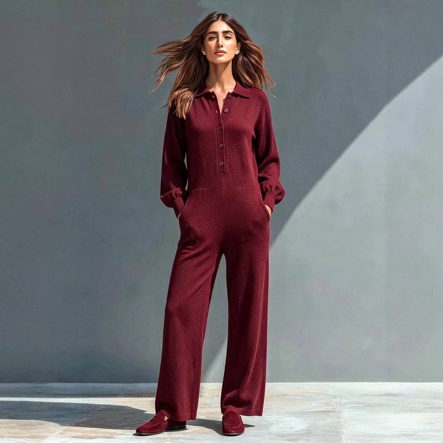 Collared Button Front Knit Wide Leg Jumpsuit
