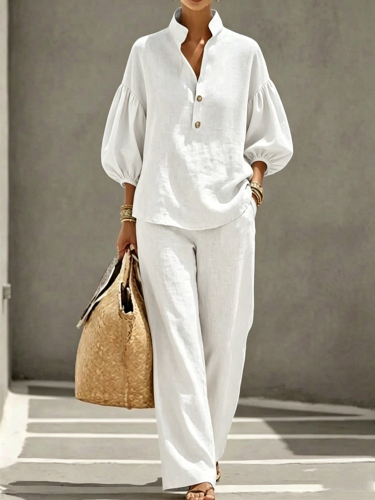 Cotton Puff Sleeve Mandarin Shirt Wide Leg Pants Set