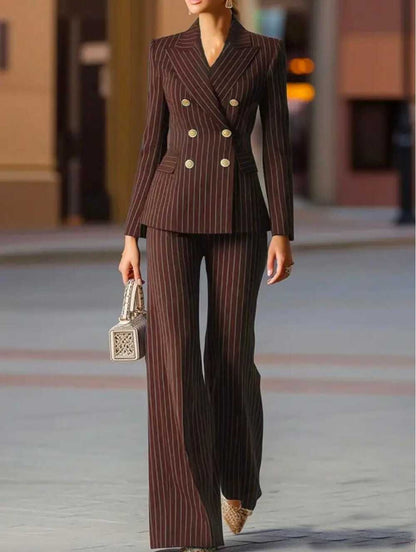 Women's Pinstripe Blazer Wide Leg Pant Suit Set