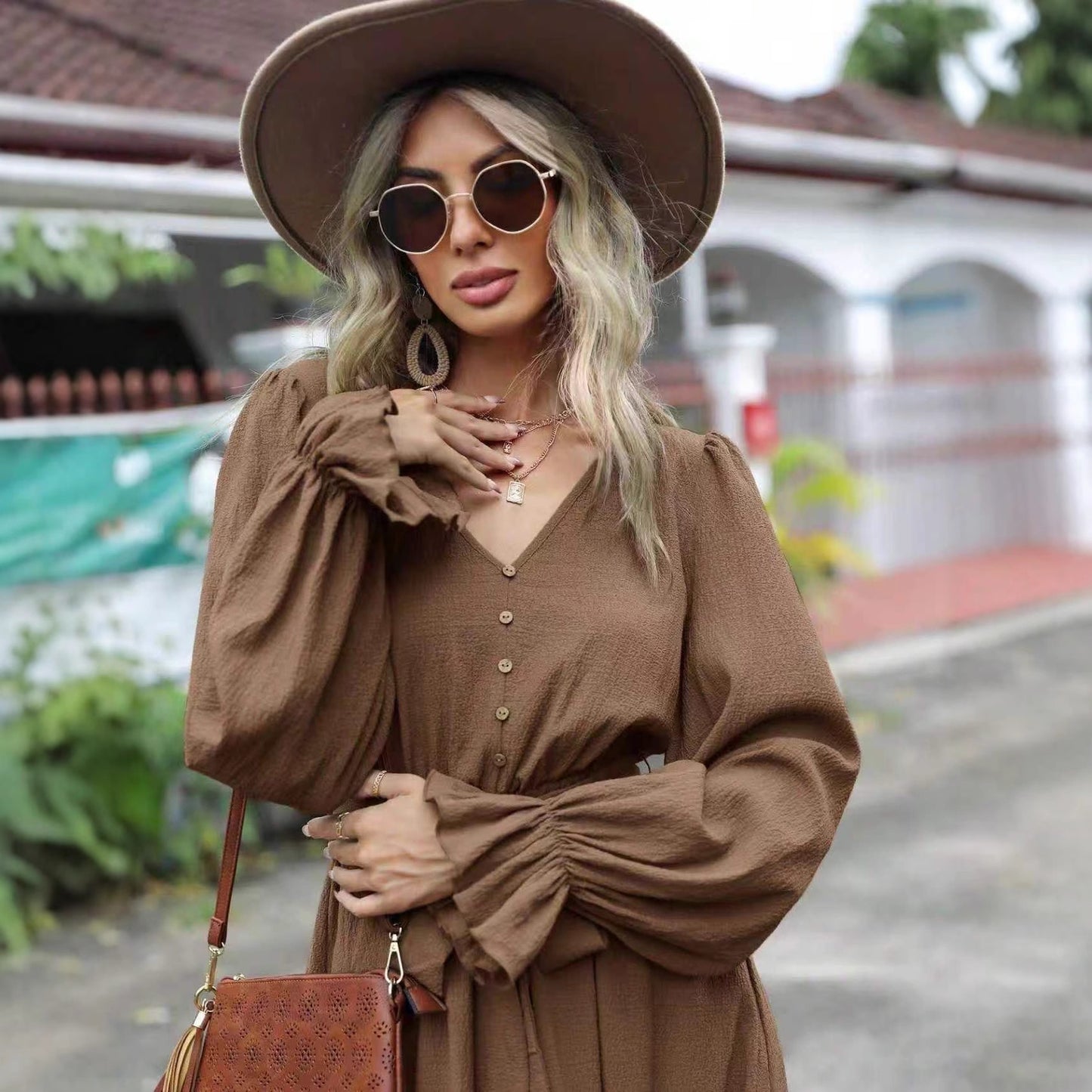 Women's Long Sleeve V Neck Button Up Tie Waist Midi Dress