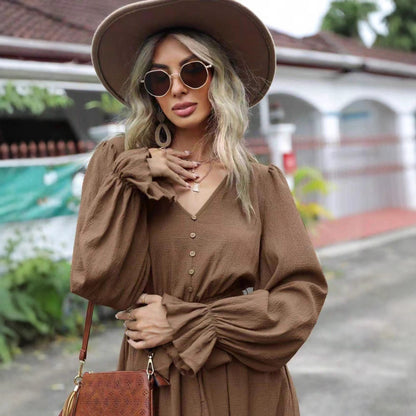 Women's Long Sleeve V Neck Button Up Tie Waist Midi Dress