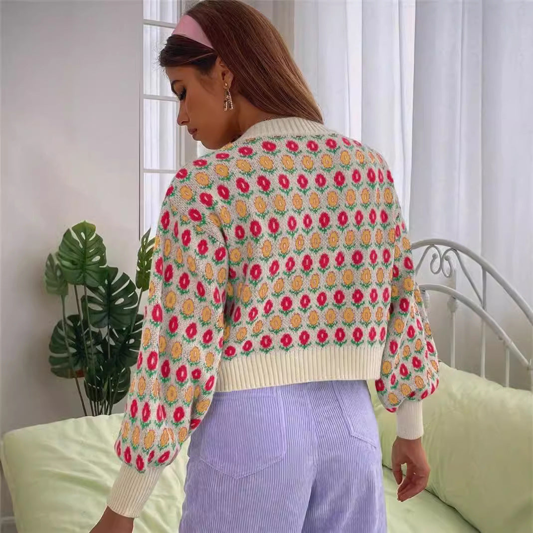 Women's Floral Button Front Crop Cardigan Sweater