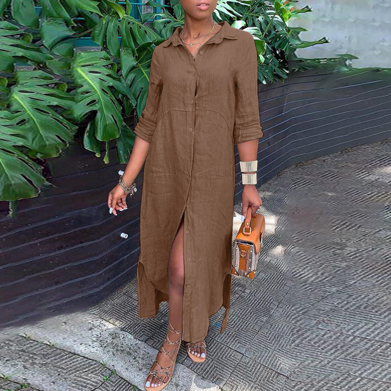 Women's Cotton Linen Button Down Maxi Dress Long Sleeve