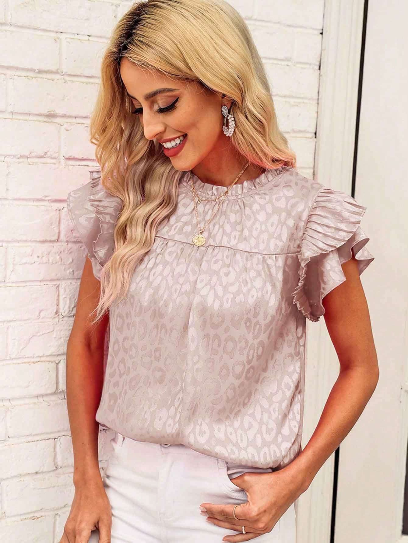 Beige Textured Ruffle Sleeve Blouse Chic Summer Top