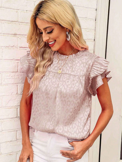 Beige Textured Ruffle Sleeve Blouse Chic Summer Top