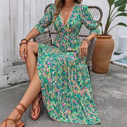 Boho Floral Tiered Maxi Dress V Neck Resort Vacation Dress