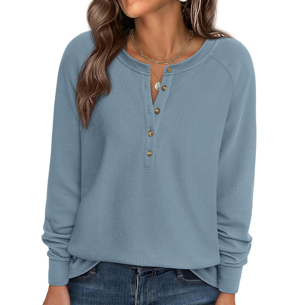 Waffle Knit Henley Top Button V Neck Long Sleeve Tee