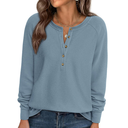 Waffle Knit Henley Top Button V Neck Long Sleeve Tee