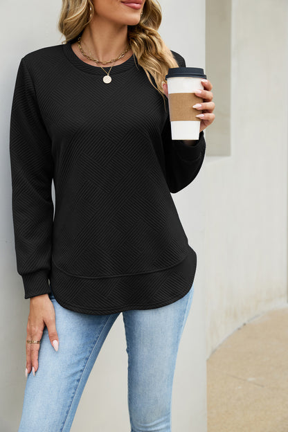 Quilted Textured Sweatshirt Crew Neck Loose Top