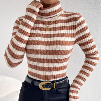Women's Ribbed Striped Turtleneck Sweater Fitted Long Sleeve