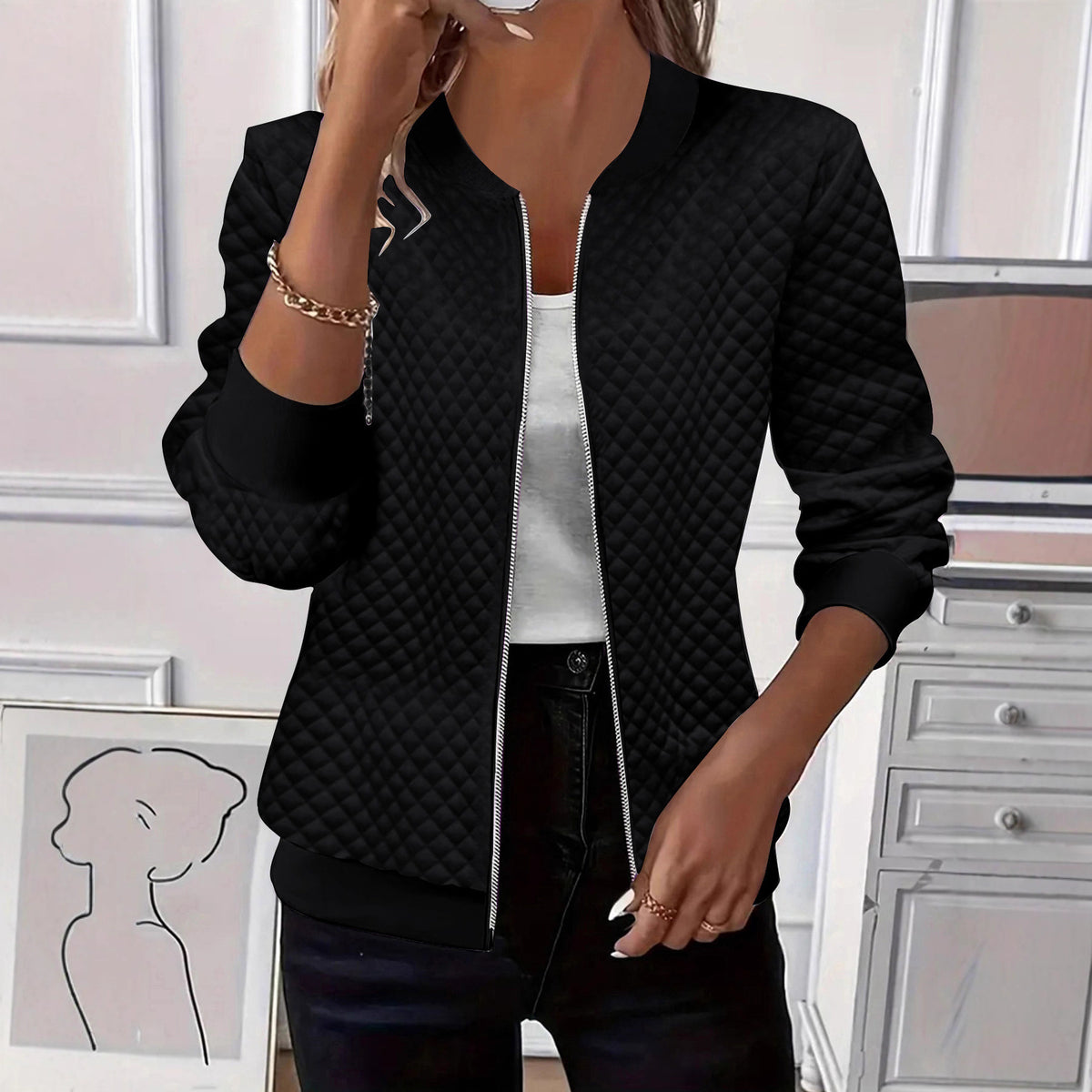 Women Quilted Zip Up Jacket Casual Lightweight Long Sleeve