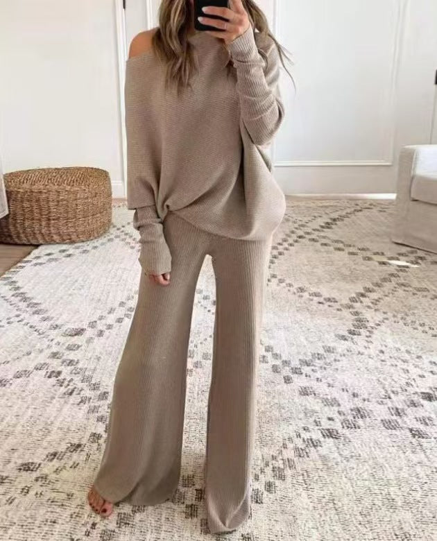 Women's Off Shoulder Oversized Knit Set Wide Leg Pants