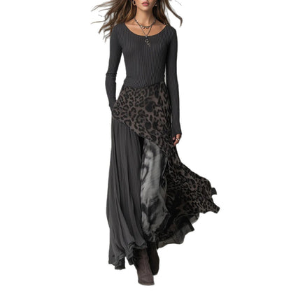 Leopard Print Maxi Dress Long Sleeve Asymmetrical Flowy