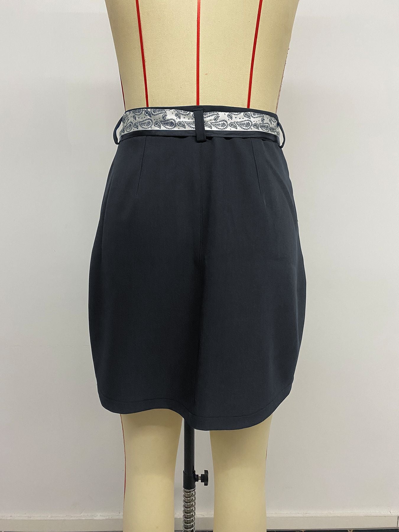 Belted High Waist Pencil Skirt Bodycon Mini Vintage Navy