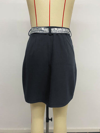 Belted High Waist Pencil Skirt Bodycon Mini Vintage Navy