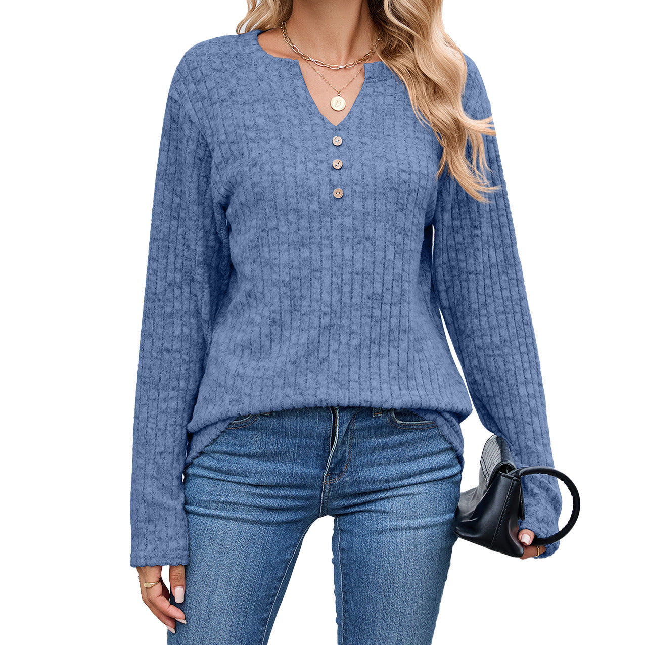 Women's Waffle Knit V Neck Button Long Sleeve Oversized Top