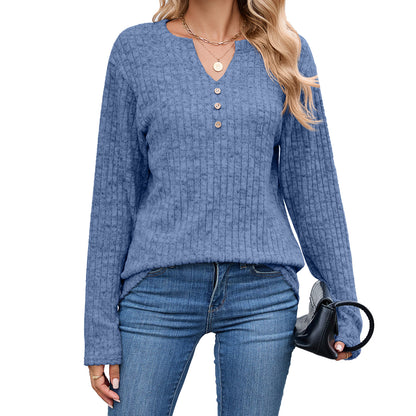 Women's Waffle Knit V Neck Button Long Sleeve Oversized Top