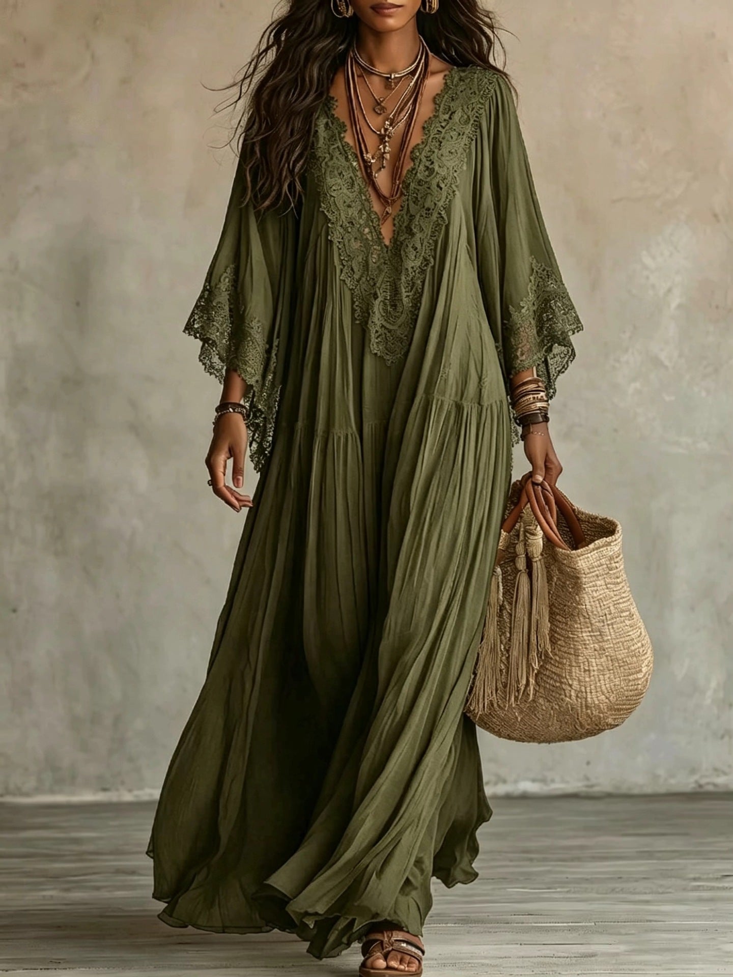 Women's Boho Lace Chiffon Long Sleeve Maxi Dress