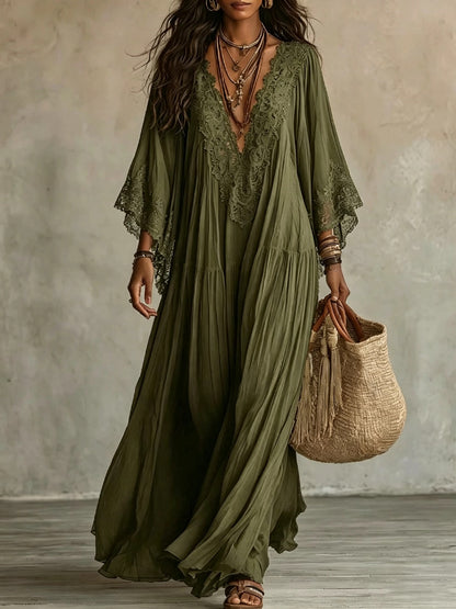 Women's Boho Lace Chiffon Long Sleeve Maxi Dress