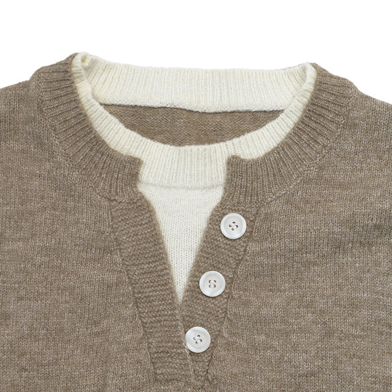 Solid Layered Knit Sweater Henley Neck Relaxed Fit