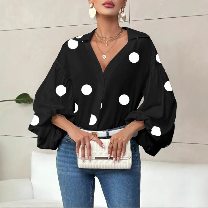 Women's Polka Dot V-Neck Puff Sleeve Loose Blouse
