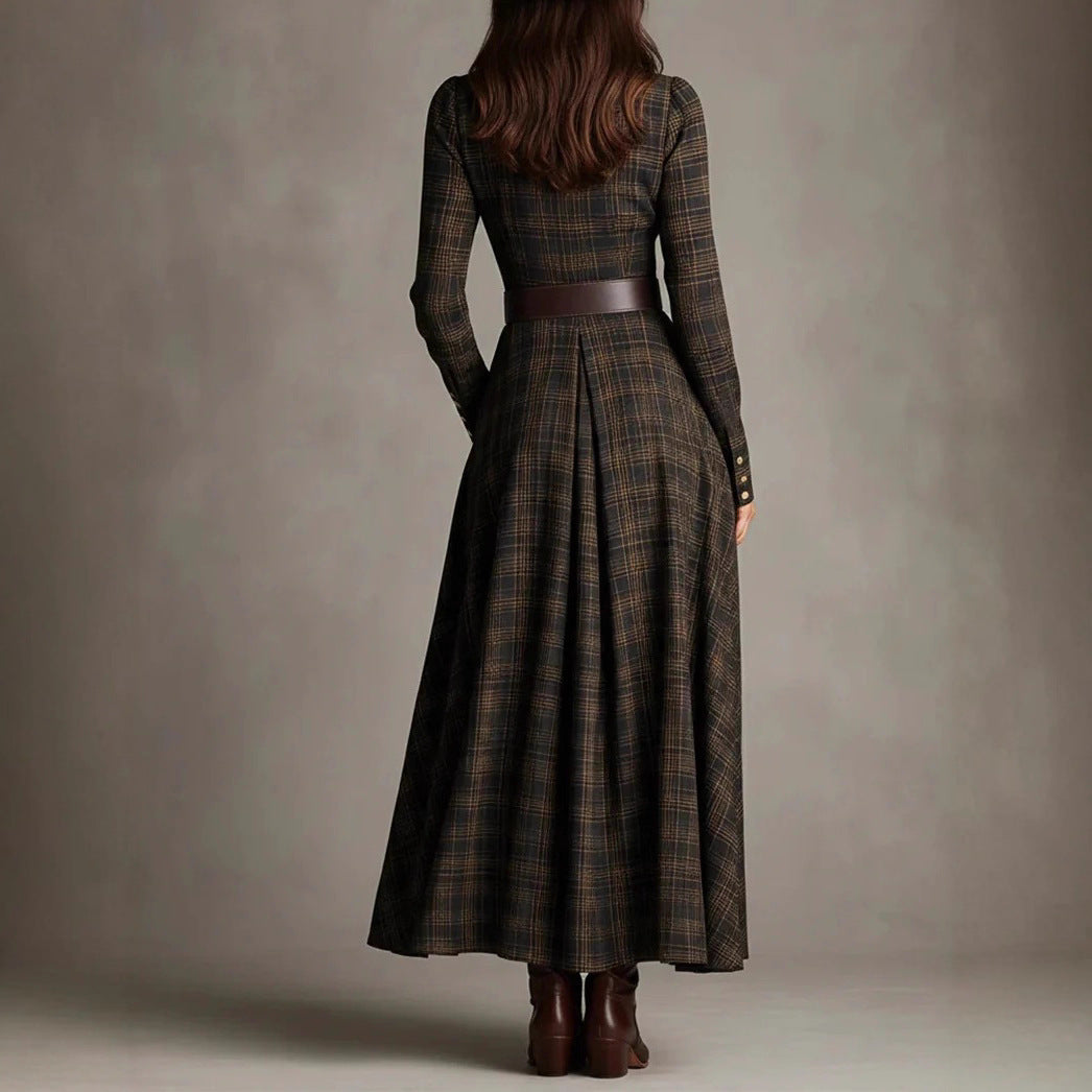 Belted Plaid Long Sleeve Maxi Shirt Dress