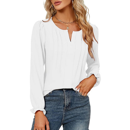 Pleated Chiffon V Neck Long Sleeve Casual Blouse
