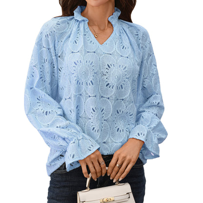 Eyelet Lace Blouse V Neck Puff Sleeve Top