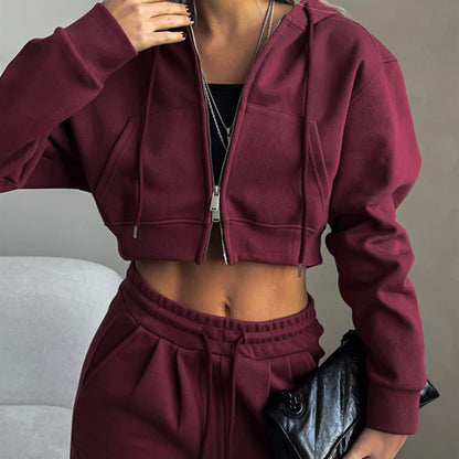 Women's 2 Piece Crop Zip Hoodie Sweatpants Set